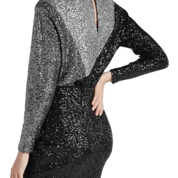 Express Women XS Colorblock Long Sleeves Black Silver Sequin PartyCocktail Dress - Picture 2 of 11